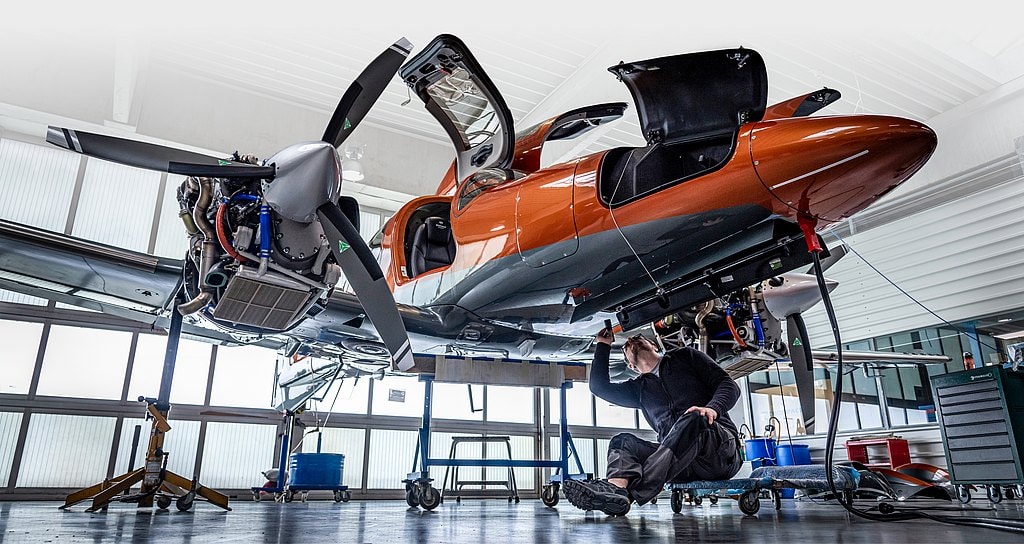 Diamond aircraft undergoing maintenance